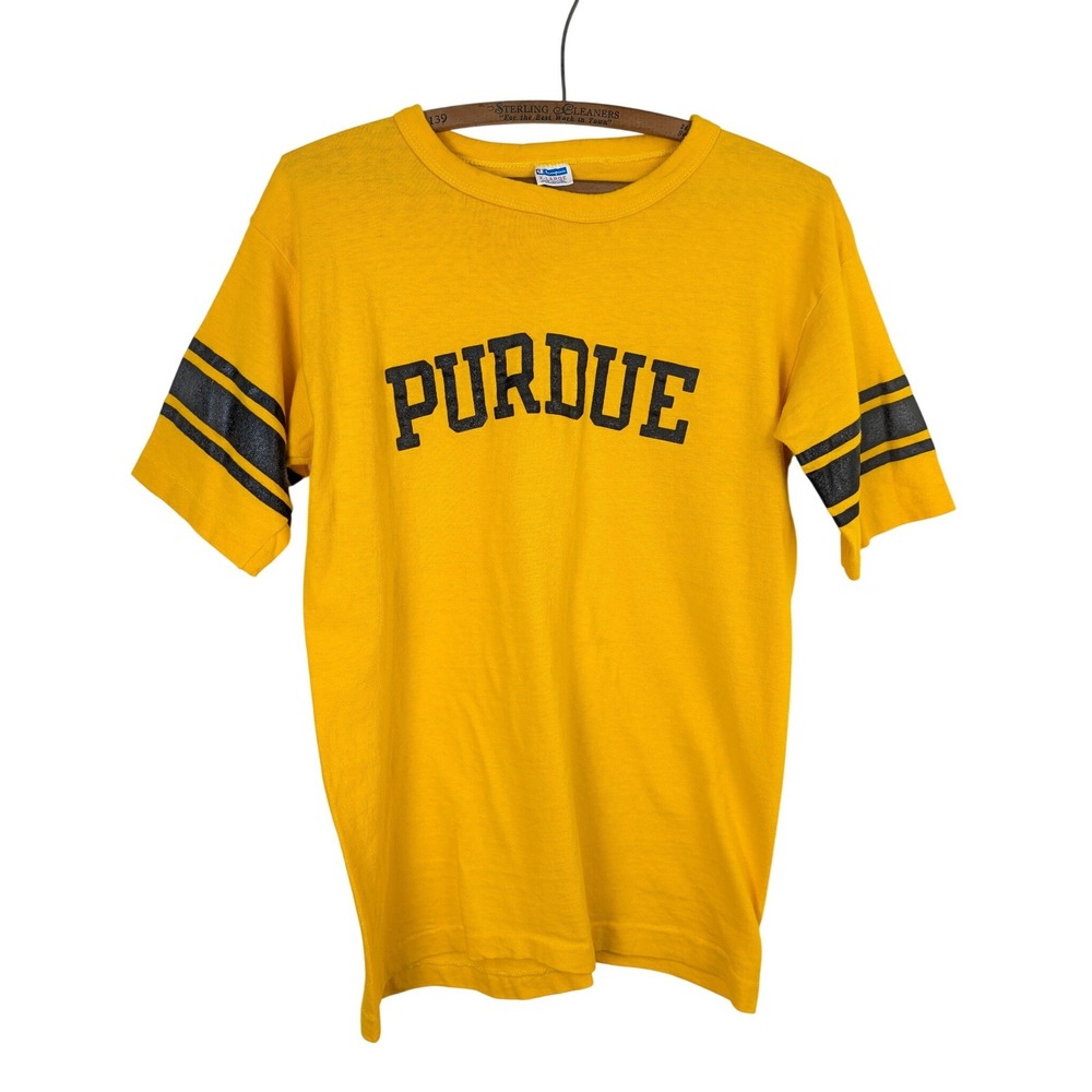 Vintage 60s Champion Purdue University TShirt Yellow Blue Bar XL Single Stitch